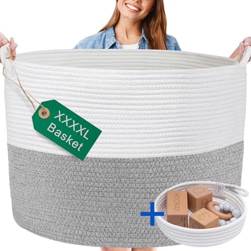 "HUDDLE Supply Co XXL WASHABLE Jumbo 24"" x 17"" Extra Large Cotton Rope Basket for Blankets, Living Room, Baby Toy Storage"