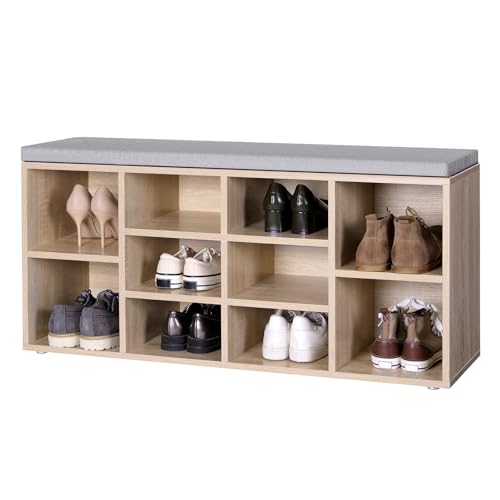VASAGLE Shoe Bench, Shoe Rack, Storage Unit, 10 Compartments, with Cushion, for Entrance, 104 x 30 x 48 cm, Oak LHS10NL