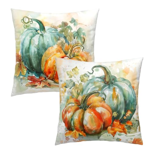 Sweetshow Thanksgiving Throw Pillow Covers 18x18 Inch Green Orange Fall Pumpkin Decorative Outdoor Throw Pillow Covers Autumn Cotton Cushion Covers for Couch Sofa Bed Home Fall Decor (Pack of 2)
