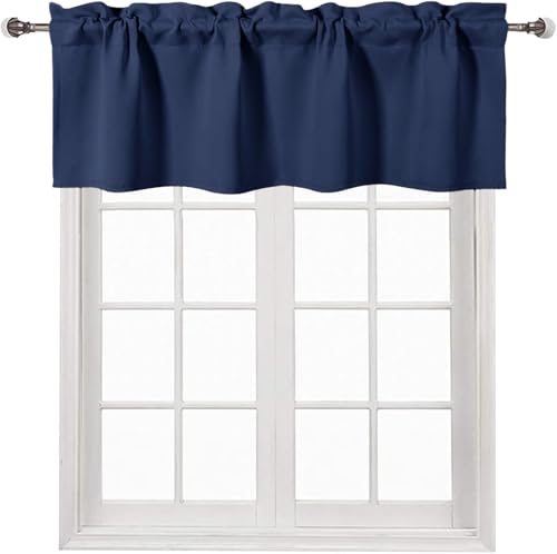 DWCN Blackout Valance for Kitchen Rod Pocket Window Valance Curtains for Windows Living Room/Basement 42 x 18 inch Long,1 Panel, Dark Blue