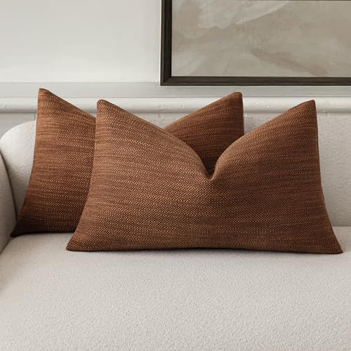 Foindtower Set of 2 Decorative Textured Burlap Linen Throw Pillow Covers Farmhouse Boho Lumbar Cushion Cover Solid Accent Pillowcase for Couch Sofa Living Room Home Decor,12??20 Inch,Dark Rust Brown