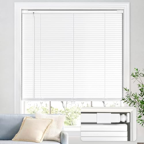 "UNISHADES No Tools No Drill Cordless 1"" Aluminum Mini Blinds, L-Shaped Slats, Easy Inside Mount Privacy Blinds for Indoor Windows, for Window Size23.5 W ?? 64"" H White"