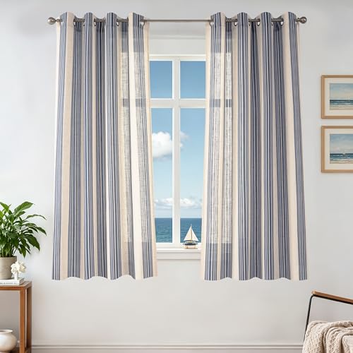 DriftAway Farmhouse Vertical Striped Linen Blend Textured Light Filtering Semi Sheer Curtains for Living Room Bedroom 54 Inches Long Drapes 2 Panels Broad Striped Jean Navy