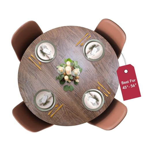 "Covers For The Home Deluxe Elastic Edged Flannel Backed Vinyl Fitted Table Cover - Woodgrain (Oak) Pattern - Large Round - Fits Tables up to 45"" - 56"" Diameter"