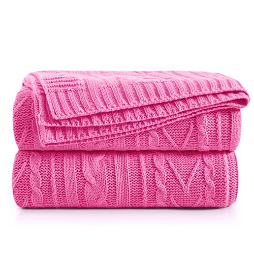 "Aormenzy Hot Pink Cable Knit Throw Blankets for Couch Bed Sofa, Acrylic Knitted Blanket, Soft Cozy Throw Blanket, 50"" x 60"""
