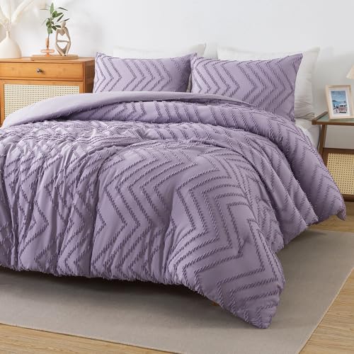 Andency Purple Comforter Set Full Size, 3 Pieces Soft Bedding Set - Boho Warm Bedding Comforter Sets for Full Size Bed Set, Aesthetic Chevron Farmhouse Cute Bohemian Textured Bedding Set