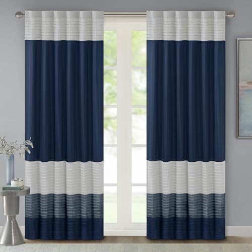 "Madison Park Window Curtain Single Panel Faux Silk, Elegant Pleats, Rod Pocket Curtains for Living Room Privacy, Room Darkening Window Curtain for Bedroom and Dorm, Amherst, 84"" L x 50"" W, Navy"