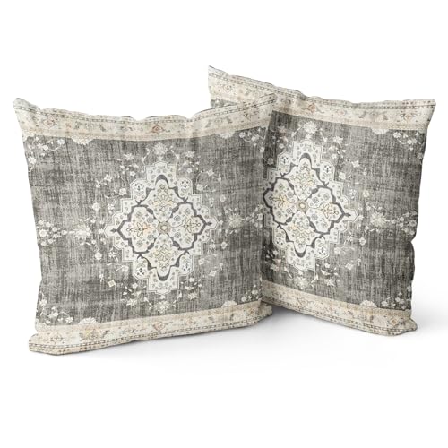 Snycler Boho Throw Pillow Covers 16x16 inch Set of 2 Bohemian Carpet Throw Pillows for Couch Beige&Grey Decorative Pillow Cases Farmhouse Home Decor for Sofa Porch Patio Bed Room Outdoor