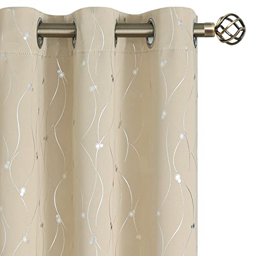 BGment Short Room Darkening Curtains 54 inch Length for Small Windows, Grommet Thermal Insulated Drapes for Bedroom with Wave Line and Dots Printed, 2 Panels, Each 38 x 54 Inch, Beige