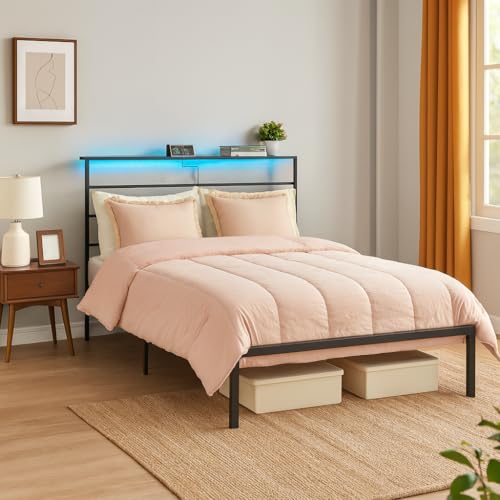 FurnitureR Metal Bed Frame, 140 x 206 cm Double Size, Black, with Headboard, 32cm Height Underbed Storage