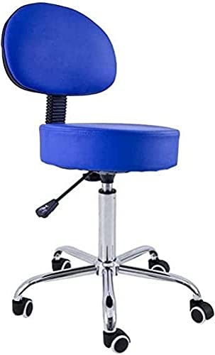 QUIRUMED Stool with Backrest, Chrome Base, 5 Wheels and Gas Lift, Blue, Metal Frame, Leatherette, High Density Filling, Adjustable Height, Up to 150 kg