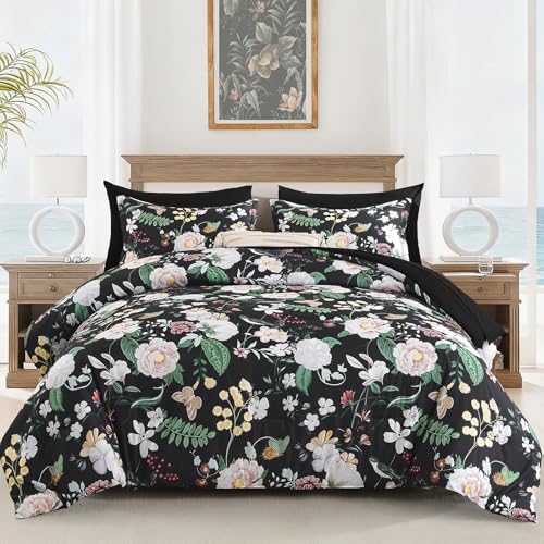 Anibedding 7Pieces Floral Queen Size Comforter Set, Garden Plant Flower Style Bed in a Bag Black White Bedding Comforter Set with Pillow Case for Bedroom