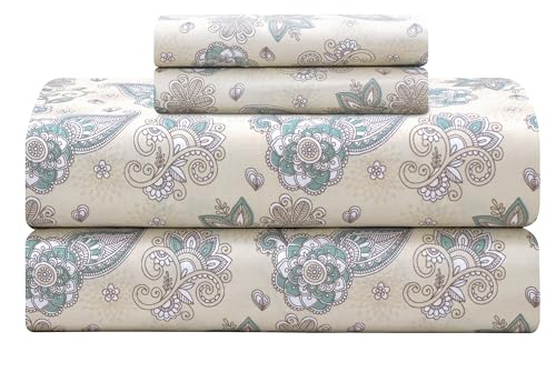 "Feather & Stitch Softest 100% Cotton Sheets, Queen Size Sheet Sets, 4 PC Set, 300 Thread Count Percale Weave Bedding, 16"" Deep Pocket, Cooling Sheets, Breathable Bed Set (Finley 01)"