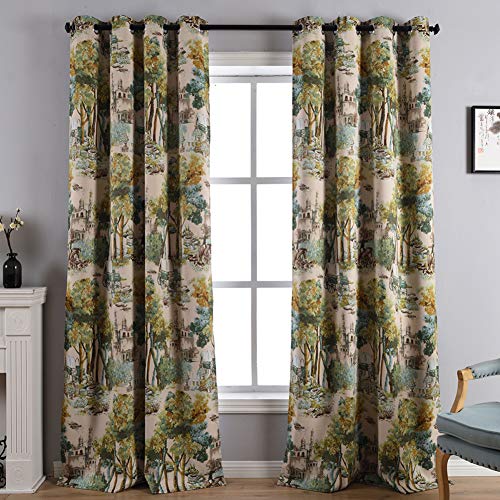 Kotile Vintage Blackout Curtains Printed Forest Castle 52x95 Inch, 2 Panels - Grommet Top, Dense Weave Drape, Blocks Daylight, Thermal Insulated, Enchanted Woodland, Floorward Grace, Privacy