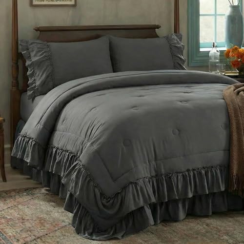 Dark Grey Comforter Set King Boho Bedding Set Shabby Chic 2 Layers Ruffled Bedroom Home Decor Ultra Soft Microfiber Farmhouse Down Comforter Bohemian Quilt Set