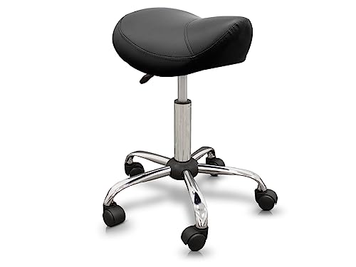 QUIRUMED Ergonomic Pony Stool with Steel Base, Black, Upholstered in Leatherette, Adjustable Height, Padded Seat, Swivel Wheels, Up to 150 kg