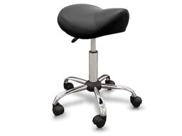 QUIRUMED Ergonomic Pony Stool with Steel Base, Black, Upholstered in Leatherette, Adjustable Height, Padded Seat, Swivel Wheels, Up to 150 kg