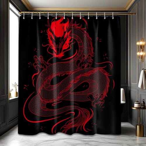 DLTAY Dragon Shower Curtain Black and Red Japanese Bathroom Decor Set, Asian Cool Medieval Mens Boys Bath Waterproof Fabric with Hooks, 70x78 Inch