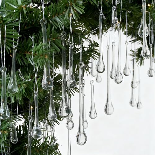 100 Pcs Handmade Glass Crystal Teardrop Christmas Ornaments, Clear Decor - Hand-shaped solid glass teardrops feature crystal-like clarity, catching light and reflections for an elegant winter sparkle