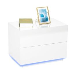 Meerveil Bedside Table, LED Bedside Cabinet with 2 Drawers High Gloss with USB Light 60x39x45cm for Bedroom Living Room, White