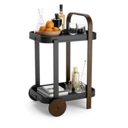 Umbra Bellwood Bar and Serving Cart, Modern 2 Tier Mobile Cart on Wheels with Removable Trays, Black/Walnut