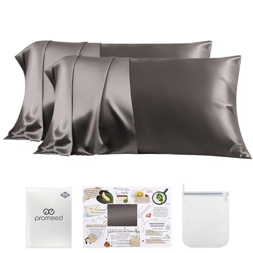 "PROMEED 100% Silk Pillowcase 2 Pack with Zipper, Both Sides Premium Mulberry Silk Pillow Cases Set of 2 for Hair and Skin, Anti BedHead, Anti Frizz (Standard 20""x26"", Grey)"