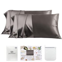 "PROMEED 100% Silk Pillowcase 2 Pack with Zipper, Both Sides Premium Mulberry Silk Pillow Cases Set of 2 for Hair and Skin, Anti BedHead, Anti Frizz (Standard 20""x26"", Grey)"