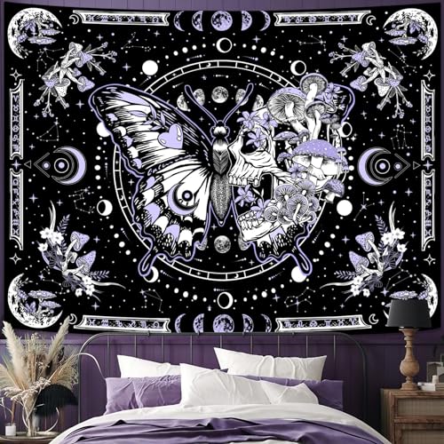 Fungarth Skeleton Butterfly Tapestry Purple Skull Hippie Mushroom Plants Tapestry for Bedroom Moon phase Aesthetic Tapestries Wall Hanging for Living Room Dorm (36.00??? x 48.00???, Purple)