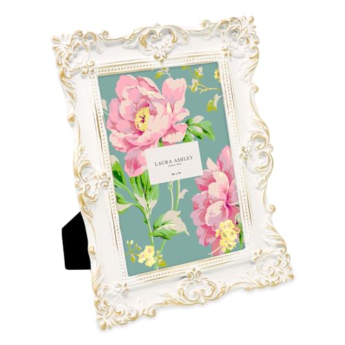 Laura Ashley 5x7 White & Gold Ornate Textured Hand-Crafted Resin Picture Frame w/Easel & Hook for Tabletop & Wall Display, Decorative Floral Design Home Décor, Photo Gallery, Art (5x7, White/Gold)