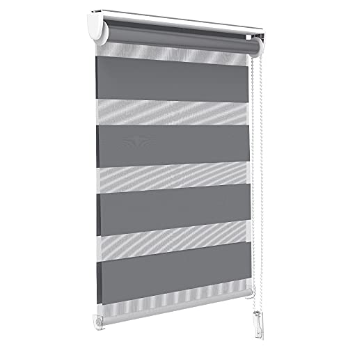 VOUNOT® Day and Night Blinds No Drill, Zebra Roller Blinds for Windows, Double Layer Translucent and Blackout Fabric, Easy Installation Window Shades, Grey, 55 x 150 cm