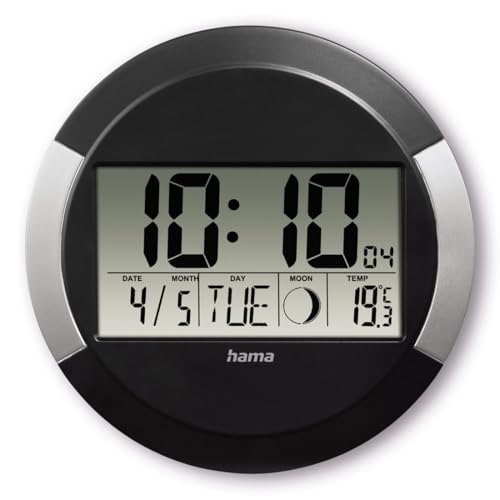 Hama Wall Clock with Radio Control, Digital (Silent Atomic Clock, DigitalClock with LCD Display, Calender, Thermometer, Moon Phase, Battery Included, Wall-Mount or Table Clock) Black-Silver