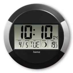Hama Wall Clock with Radio Control, Digital (Silent Atomic Clock, DigitalClock with LCD Display, Calender, Thermometer, Moon Phase, Battery Included, Wall-Mount or Table Clock) Black-Silver
