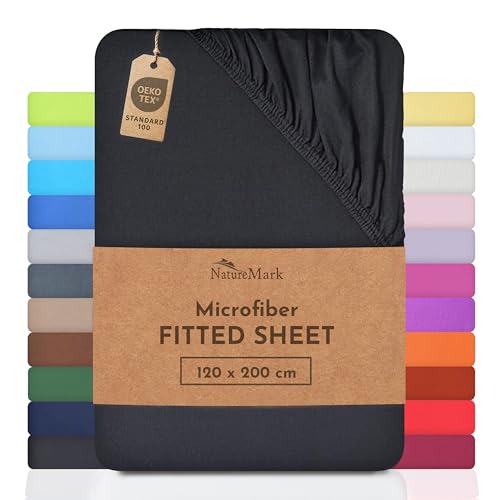 NatureMark Microfiber Fitted Sheet – Soft, Breathable & Comfortable – With Elastic Band – 120 x 200 cm – Black