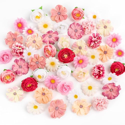 ATTGREAT Fake Flower Heads Small Silk Flower Bulk Mini Artificial Daisy Roses Buds 3D Faux Floral Accessories for Crafts DIY Hair Cake Wedding Party Home Decoration (Pink)