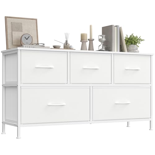 SONGMICS Chest of Drawers, 5 Storage Drawers Bedroom, Storage Unit, Steel, MDF, Non-Woven Fabric, for Bedroom, Closet, Hallway, Living Room, Cloud White and Snow White LGS322WH01