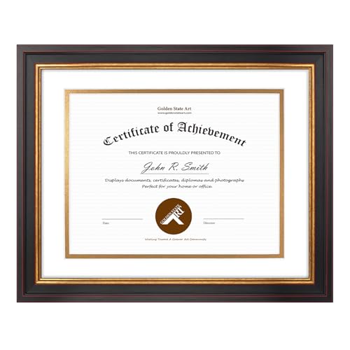 Golden State Art, 11x14 Document Frame for 8.5x11 Diploma/Certificate/Picture, Sawtooth Hangers for Wall Mounting with Real Glass, Black Gold & Burgundy Color (White/Gold Double Mat)
