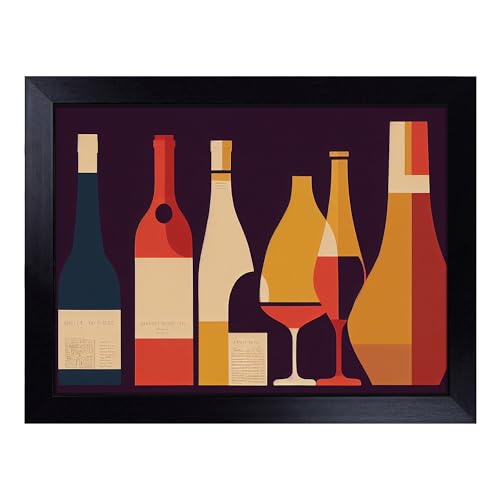 Lap Tray with Bean Bag Cushion, Retro Wine Bottle Art - Handmade in the UK, Raised Wooden Edge, Padded Cushion, Heat-Resistant Wipe-Clean Surface, for Meals, Laptops and Crafts