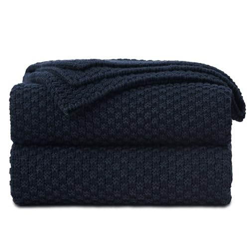 Longhui bedding Dark Navy Blue Knitted Throw Blanket for Couch, Soft, Cozy Machine Washable 100% Cotton Sofa Knit Blankets, Heavy 3.0lb Weight, 51 x 63 Inches, Dark Navy Blue Color.
