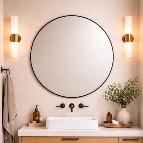 Round Metal Bathroom Mirror 100cm – Large Circular Wall Mounted Mirror – Modern Black Frame Vanity Mirror – Contemporary Bathroom, Toilet, Ensuite