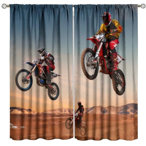 "FengMingRui Dirt Bike Curtains Desert Cross Country Races Motocross Rider Extreme Sports Blackout Window Treatment for Kids Boys Bedroom Game Room Decor Window Drapes 42"""" W X 45"""" L, Style-8"