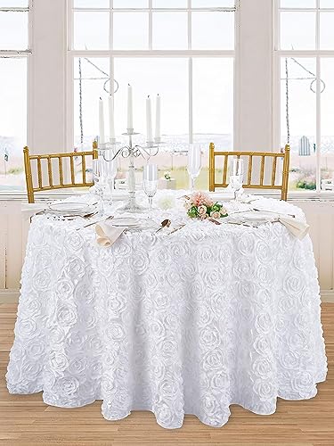 QueenDream White Tablecloths for Round Tables 90 Inch Rosette Tablecloth for Wedding Bridal Shower Baptism Birthday Party Table Decorations