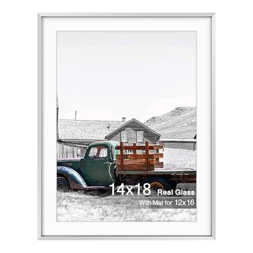 Golden State Art, 14x18 Silver Picture Frame Displays Photo 12x16 with Mat or 14 x 18 Without Mat for Wall Mounting, Classic Satin Aluminum Frames with Real Glass (Pack of 1)