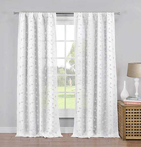 Home Maison Mistie Metallic Puff Print Leaves Window Curtain, 37x84, Grey-Silver