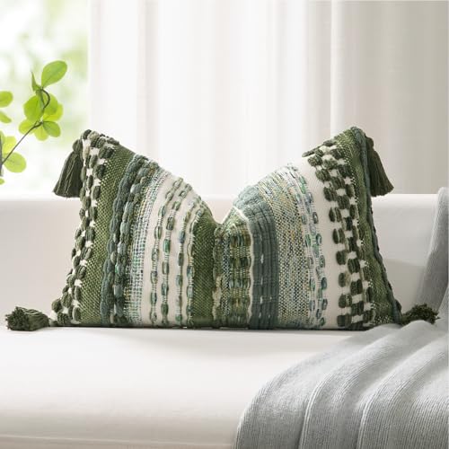 Kevin Textile 12x24 Inch Lumbar Throw Pillow Cover 1 Pack Boho Decorative Soft Chenille Thread Woven Tufted Textured Rectangle Cushion Case Farmhouse Accent for Living Room Couch Sofa Bed, Green