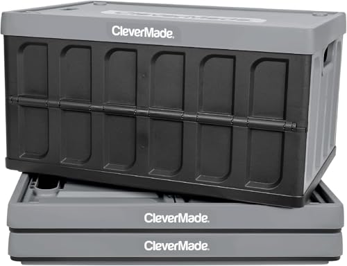 CleverMade 46L Collapsible Storage Bins with Lids - Folding Plastic Stackable Utility Crates, Solid Wall 3 Pack, Stone