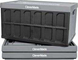 CleverMade 46L Collapsible Storage Bins with Lids - Folding Plastic Stackable Utility Crates, Solid Wall 3 Pack, Stone