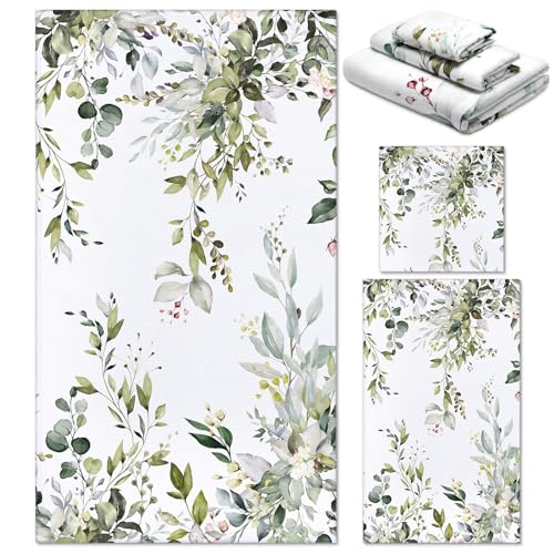 Preboun 3 Pack Sage Green Eucalyptus Bathroom Towels Set Spring Leaves Hand Towels Spring Floral Bath Decor Green Plant Dish Absorbent Fingertip Wash Cloth for Kitchen Bathroom Gym Spa Home