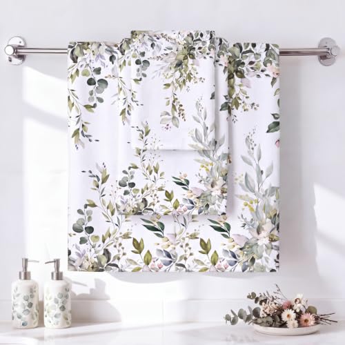 Preboun 3 Pack Sage Green Eucalyptus Bathroom Towels Set Spring Leaves Hand Towels Spring Floral Bath Decor Green Plant Dish Absorbent Fingertip Wash Cloth for Kitchen Bathroom Gym Spa Home