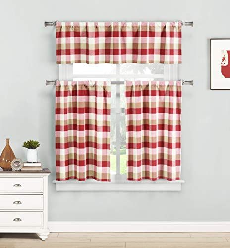 Duck River Textile Kingsville Checker Kitchen Curtain & Tier Set, 58x15 (1 Piece) 29x36 (2 Pieces), Red