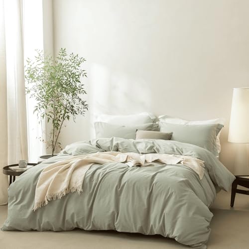BDEAR Linen Feel Sage Green Duvet Cover Full Size 90'' L x 80'' W, 100% Washed Cotton Duver Cover with Zipper Closure Plus 2 Pillowcases, Oeko TEX Standard Certificated